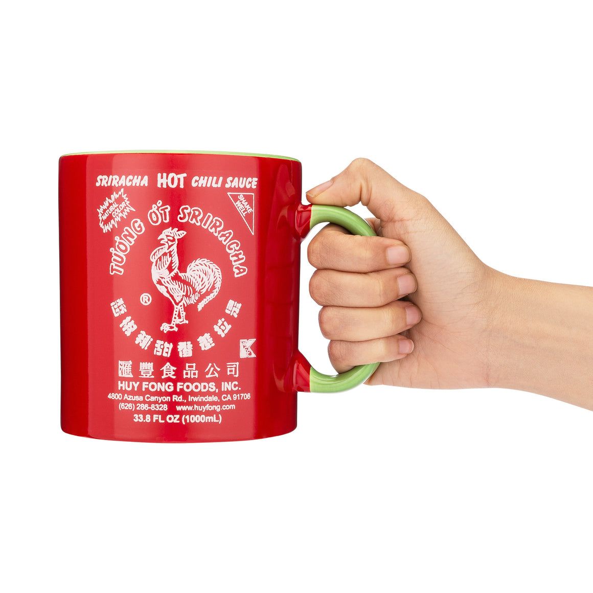 XXL Sriracha mug, red ceramic with green handle