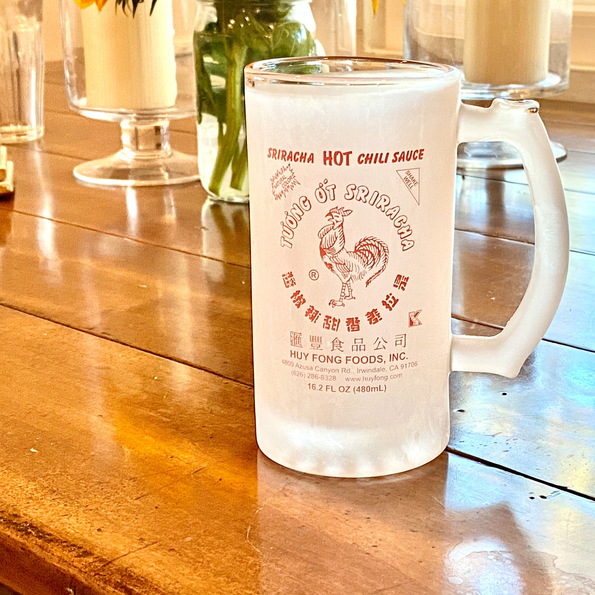 Sriracha beer mug with rooster design