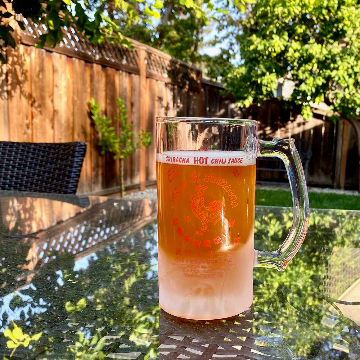 Sriracha beer mug with rooster design