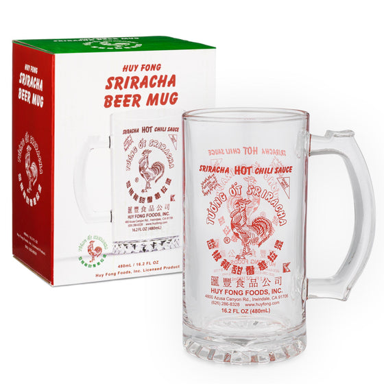 Sriracha beer mug with rooster design