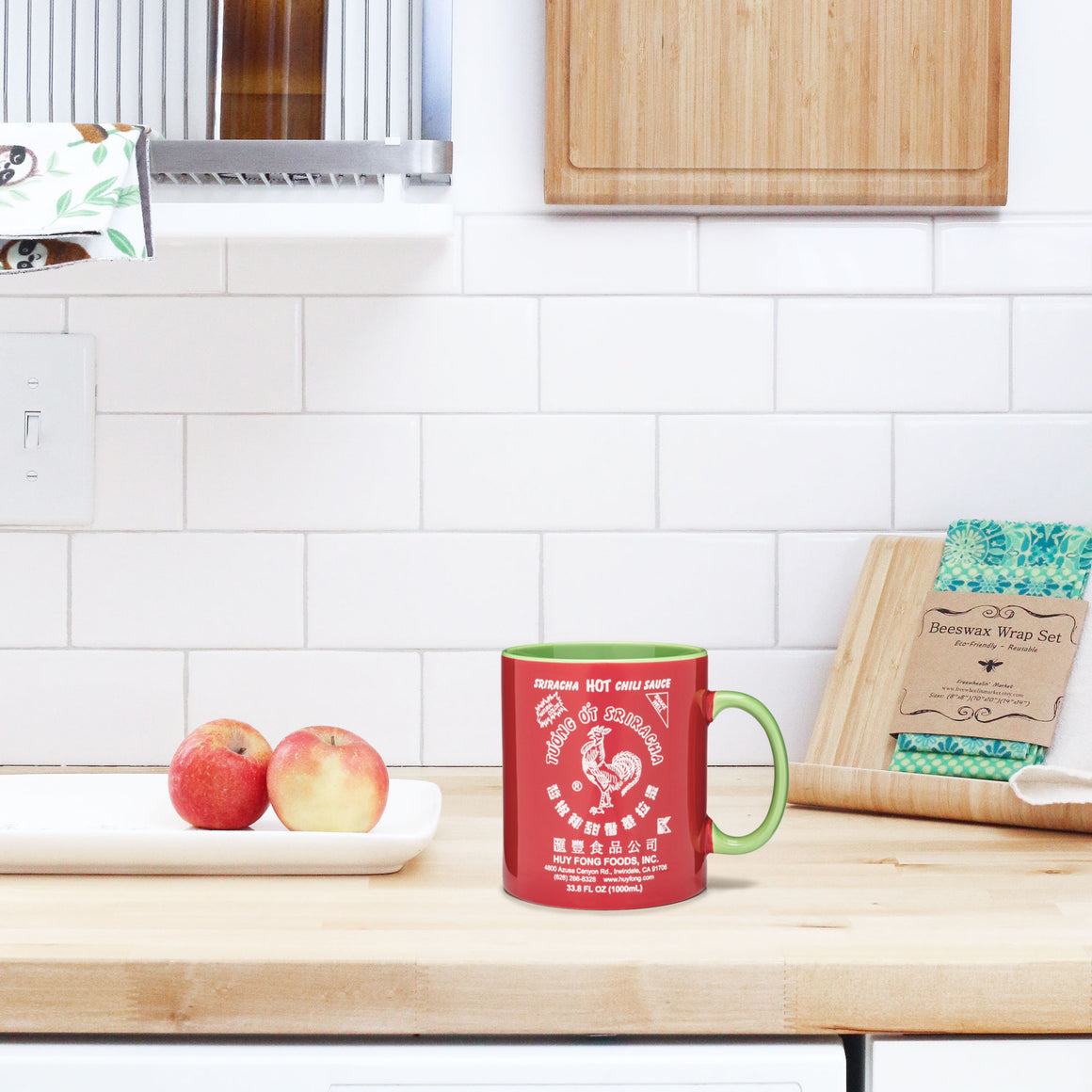 XXL Sriracha mug, red ceramic with green handle