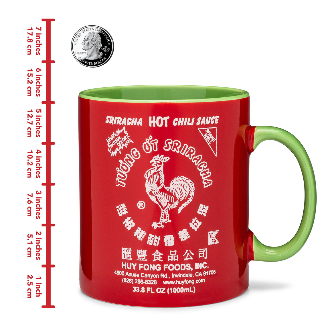 XXL Sriracha mug, red ceramic with green handle