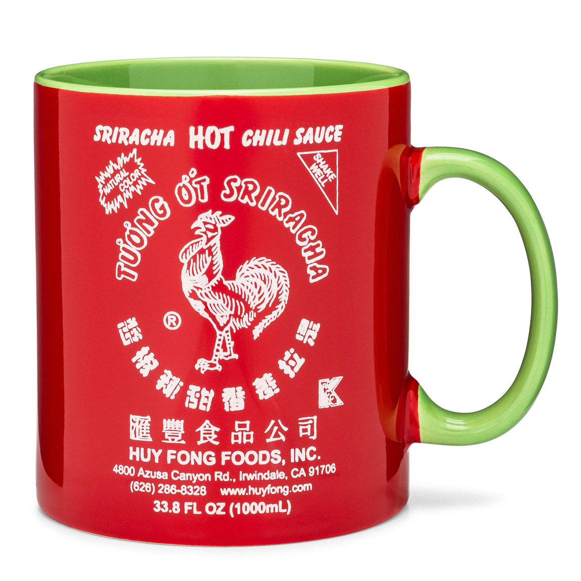 XXL Sriracha mug, red ceramic with green handle