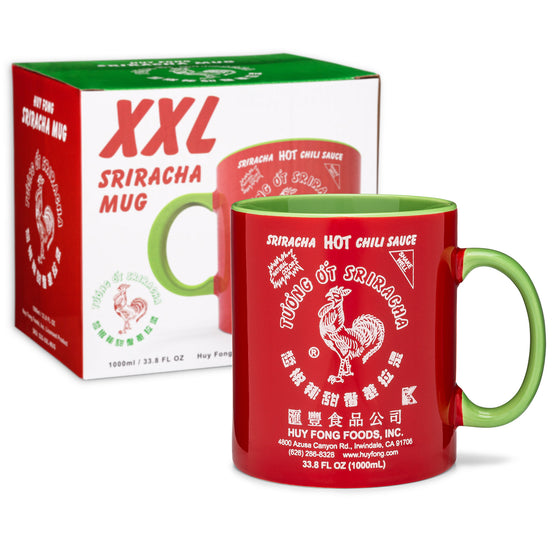 XXL Sriracha mug, red ceramic with green handle