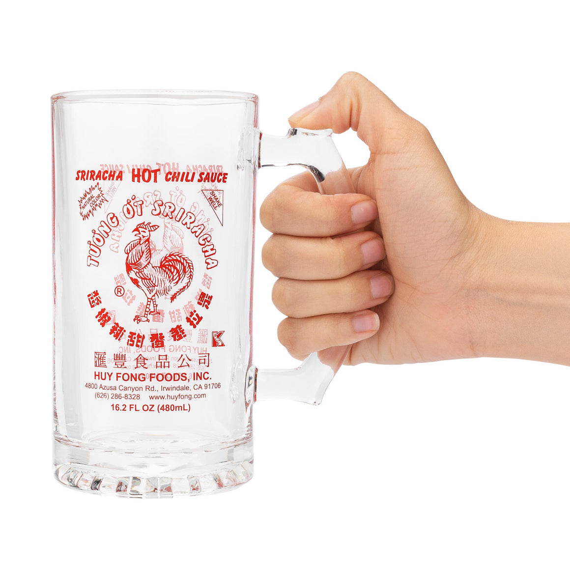 Sriracha beer mug with rooster design