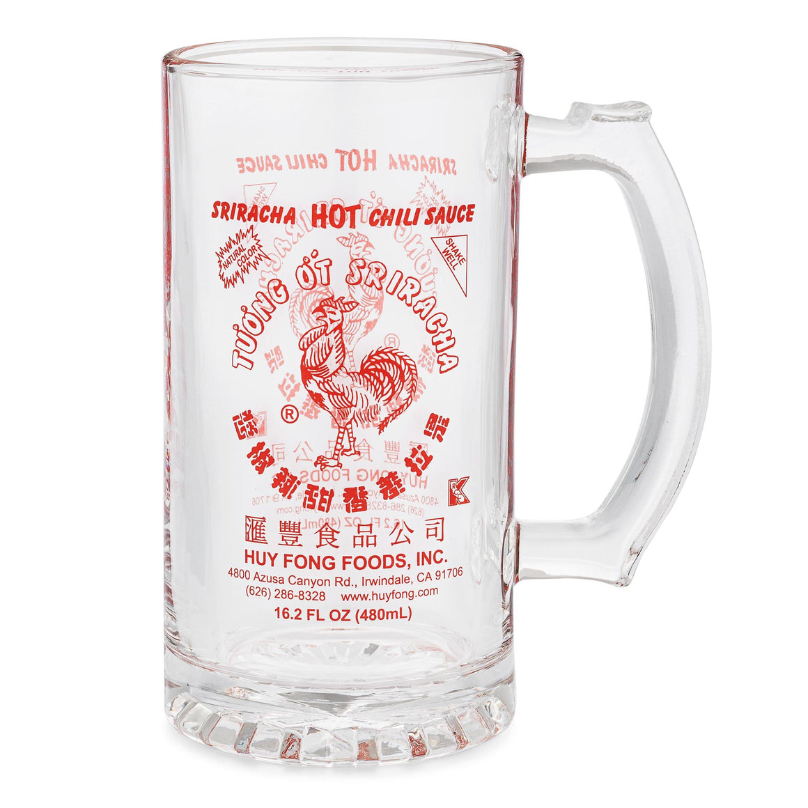 Sriracha beer mug with rooster design