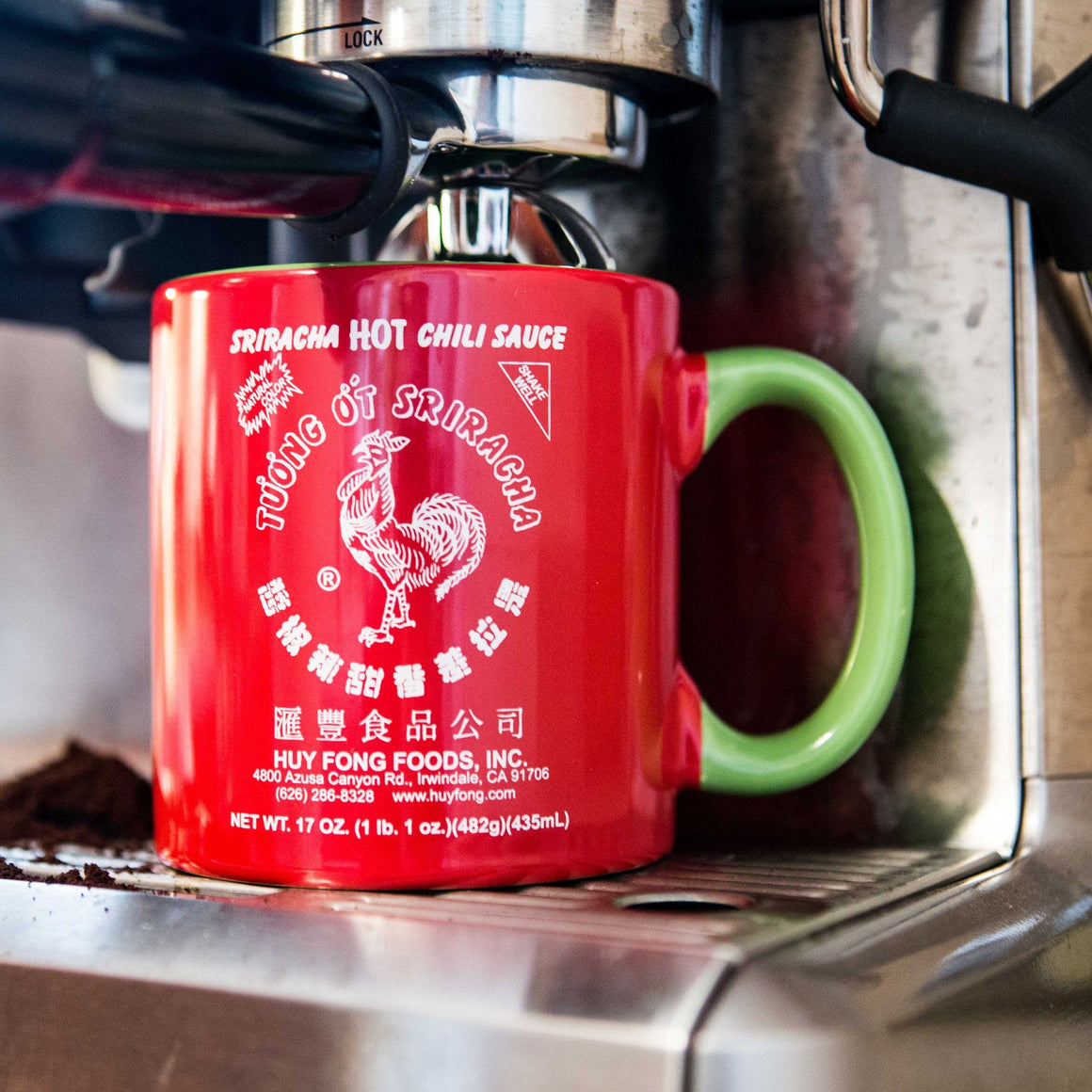 Huy Fong Sriracha ceramic mug, red with green handle