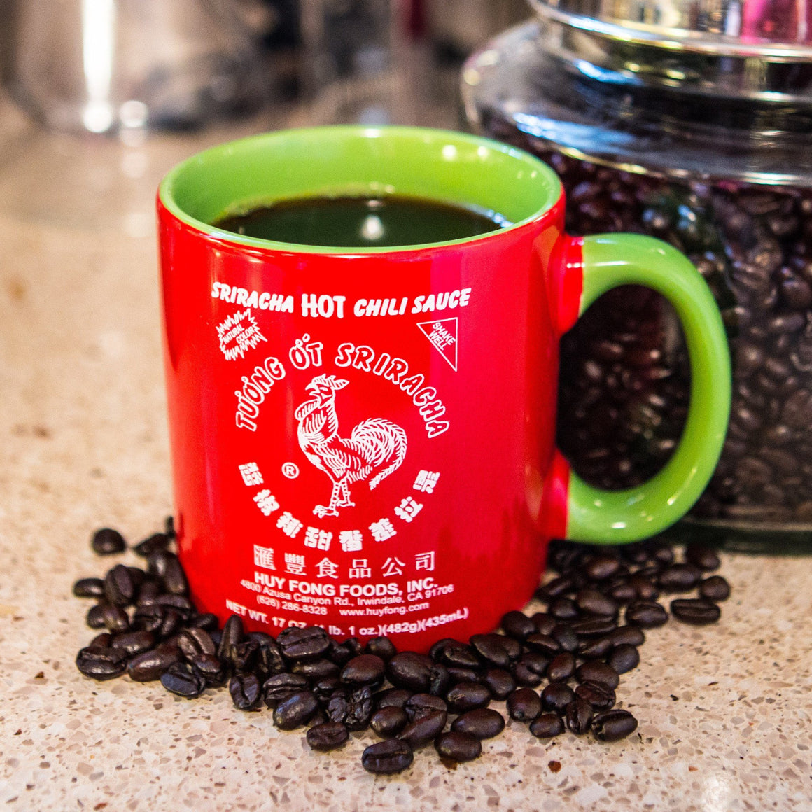 Huy Fong Sriracha ceramic mug, red with green handle