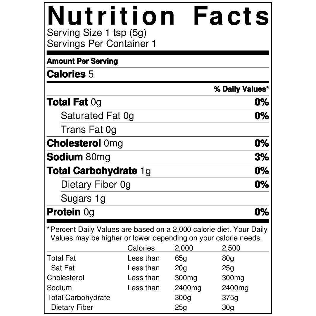 Huy Fong Sriracha Packets Nutritional Panel